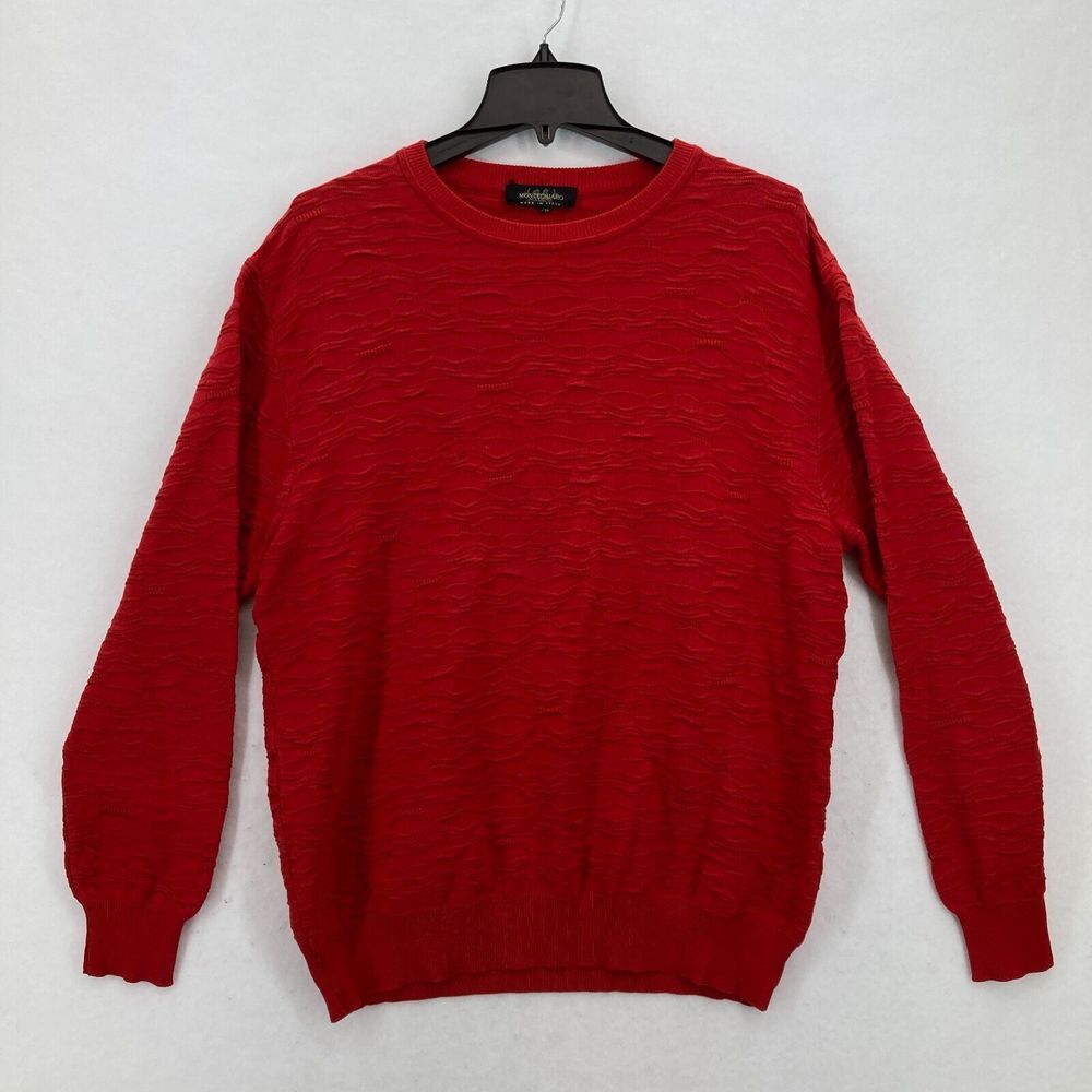 Montechiaro 3D Knit Sweater Mens XL 54 Red Cotton Blend Crew Neck Italy Textured